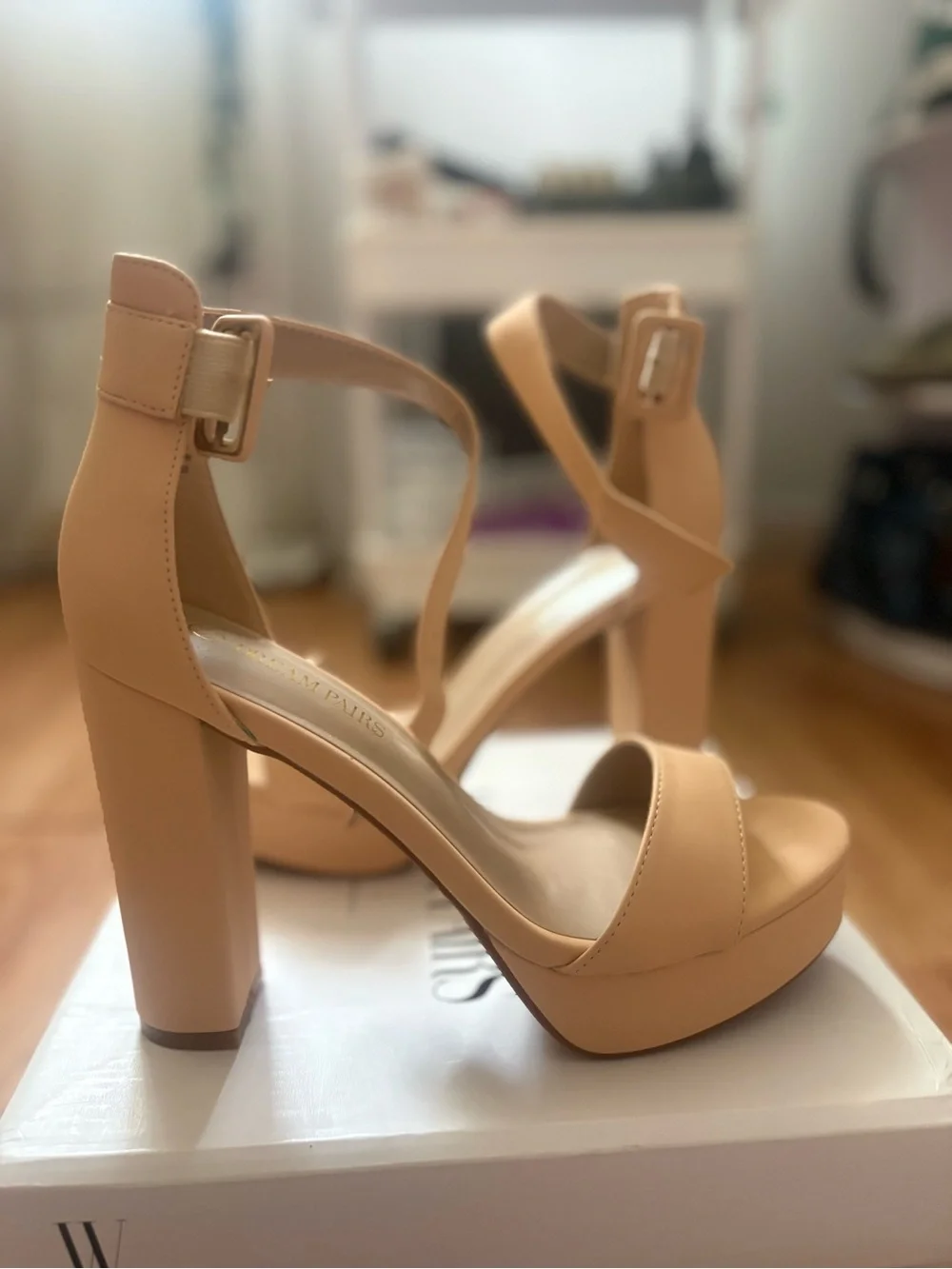 Platform Block Heel Sandals in Nude with Ankle Strap